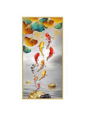 镶钻晶瓷画九鱼图招财入户玄关装饰画竖版壁画走廊新中式轻奢挂画