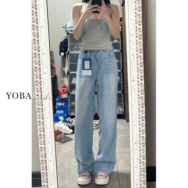 浅色阔腿牛仔裤女春季新款大码胖mm宽松显瘦梨形身材窄版直筒裤子