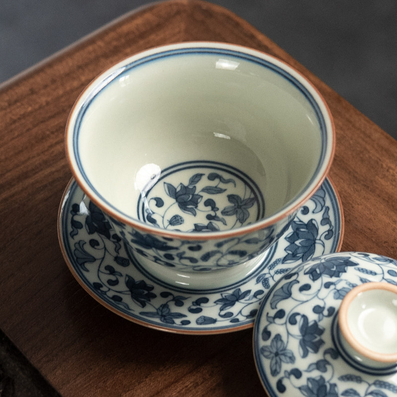 圣山仿古青花缠枝盖碗陶瓷茶碗功夫茶具复古盖碗茶杯泡茶盖碗