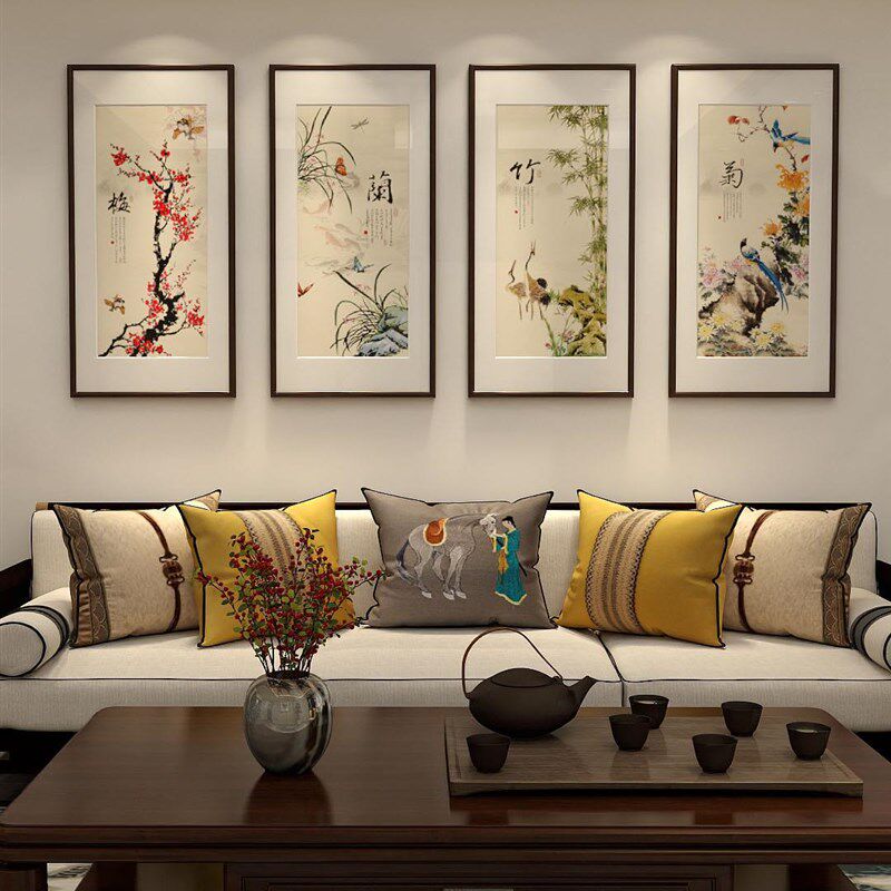 定做梅兰菊挂画新式客厅装饰竹画沙发背中景墙挂画四联中国风国画