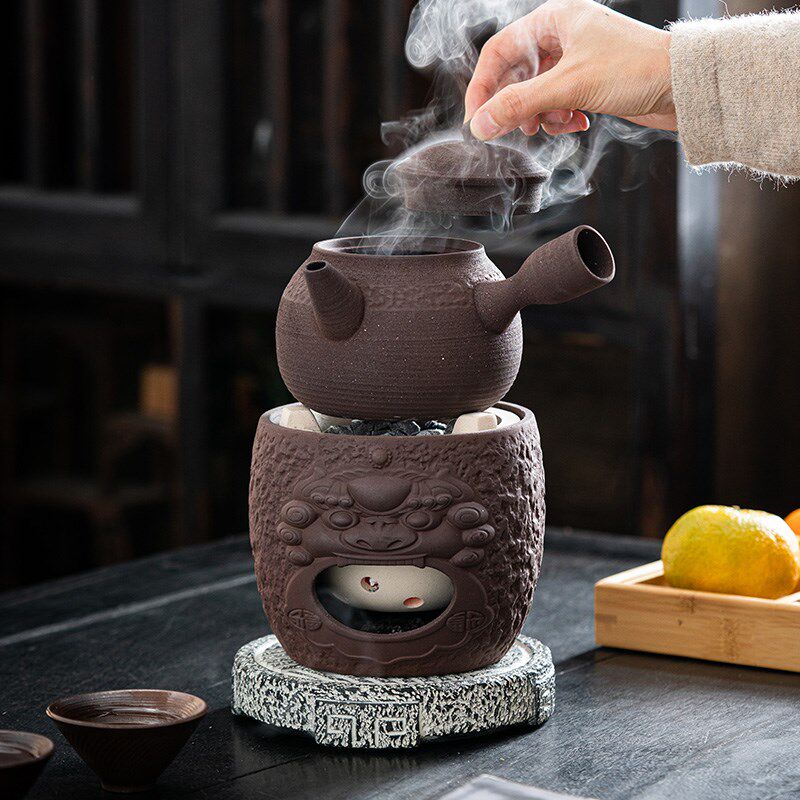 复古粗陶炭炉煮茶壶围炉煮茶可干烧侧把壶酒精炉炭火温茶煮茶器