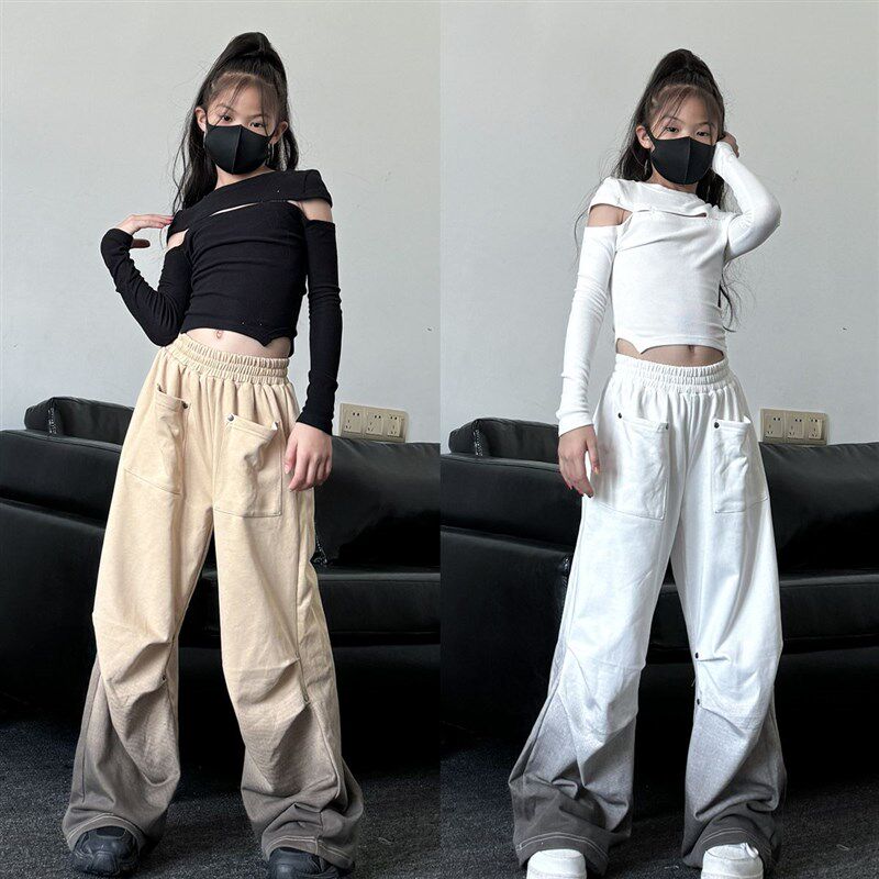 春秋新款潮酷女童修身长袖T恤束脚长裤卫裤爵士舞套装女团演出服