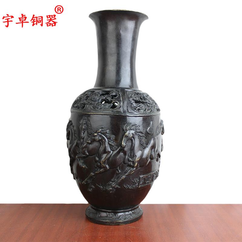宇卓铜器纯铜花瓶黄铜花瓶年年有余 八骏马 八骏图花瓶工艺品摆件