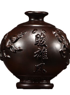 黑檀木雕刻八骏雄风花瓶摆件客厅插花装饰家居实木质中式开业礼品