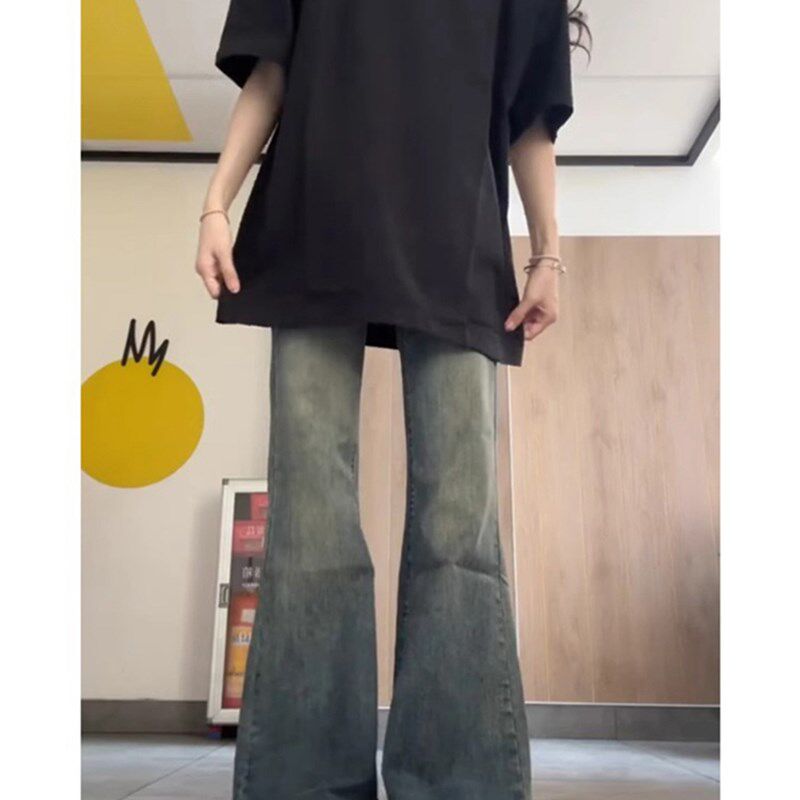 复古蓝微喇叭牛仔裤女夏季大码胖妹妹mm梨型身材裤子遮胯显瘦长裤