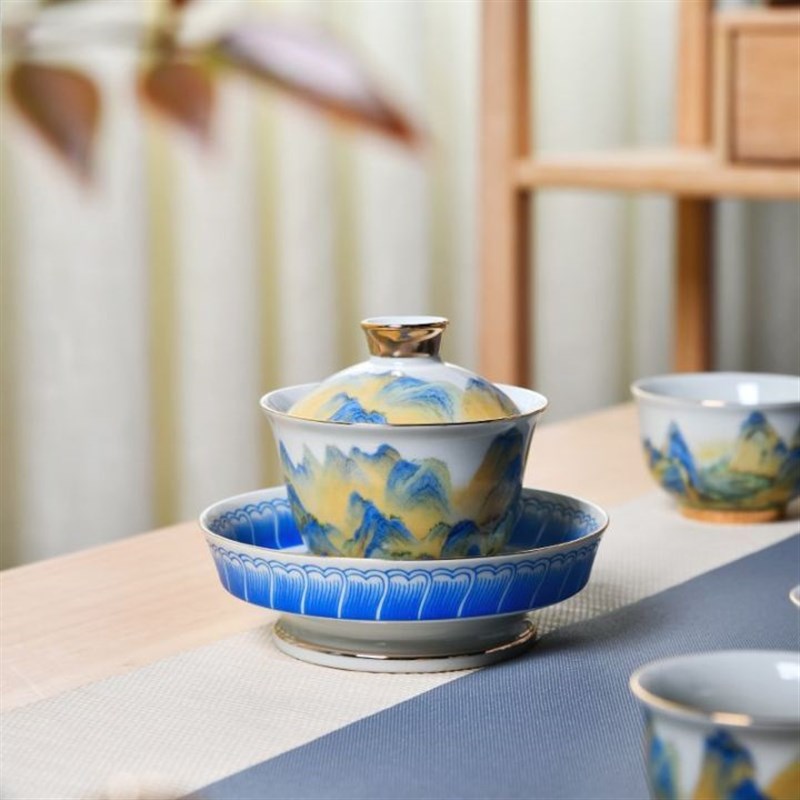 成艺陶瓷千里江山茶具套装功夫茶具家用盖碗茶壶整套茶杯高档商务