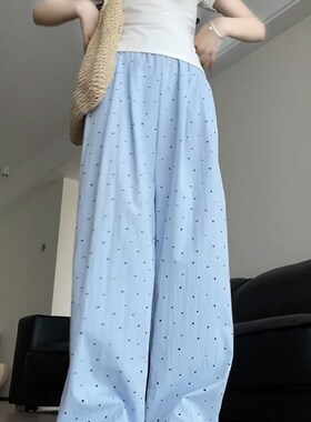 蓝色波点鸭梨身材裤子女胖mm大码显瘦夏日遛弯裤松弛感休闲阔腿裤