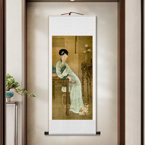 名家春阁倦读卷轴簪花仕女图挂画新中式客厅装饰画书房茶室玄关画