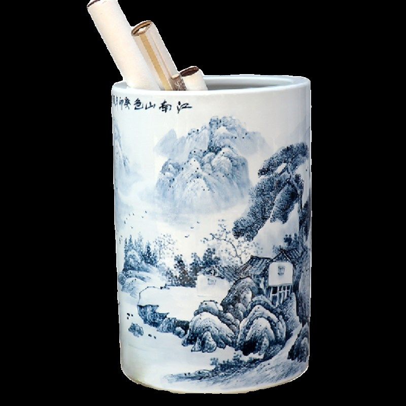 手绘吴国军景德镇陶瓷花瓶箭筒书画缸卷轴缸书房收纳字画筒青花瓷
