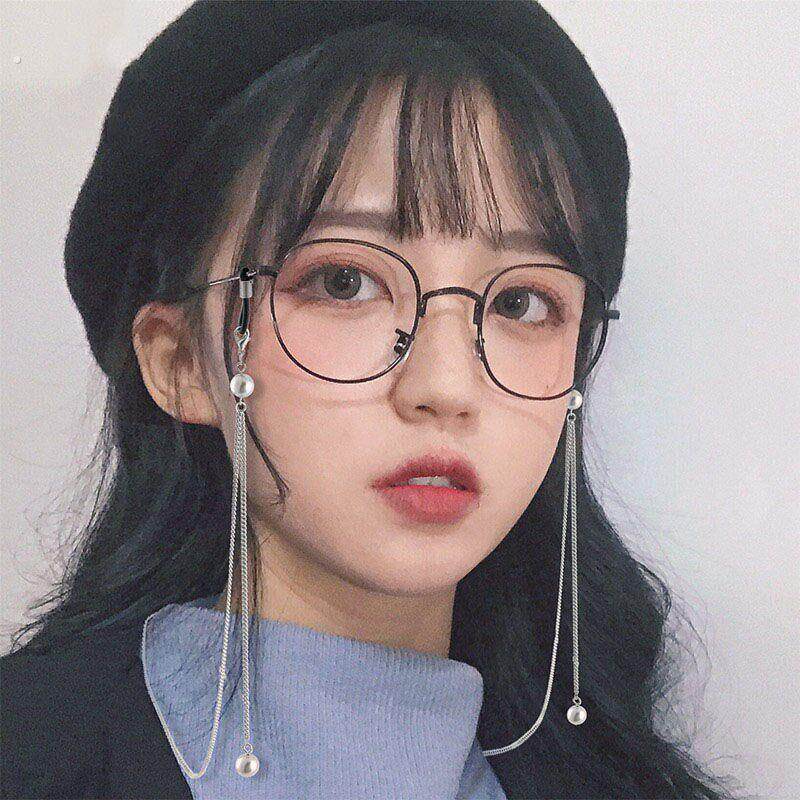 美式复古眼镜珍珠款近视眼镜框女韩国复古链条潮平面镜平光镜链子