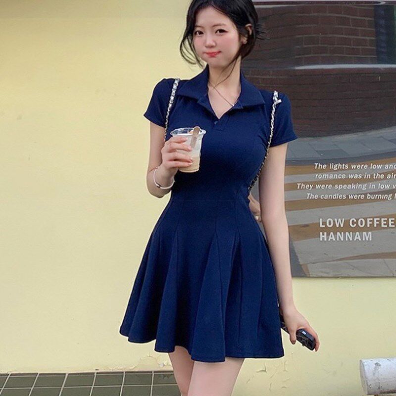 欧美风简约polo翻领连衣裙夏短袖百褶气质收腰显瘦高腰蓬蓬短裙女
