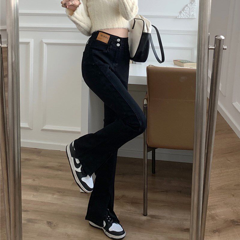 黑色阔腿开叉牛仔裤女春秋大码高腰显瘦胖mm梨形身材微喇叭长裤子