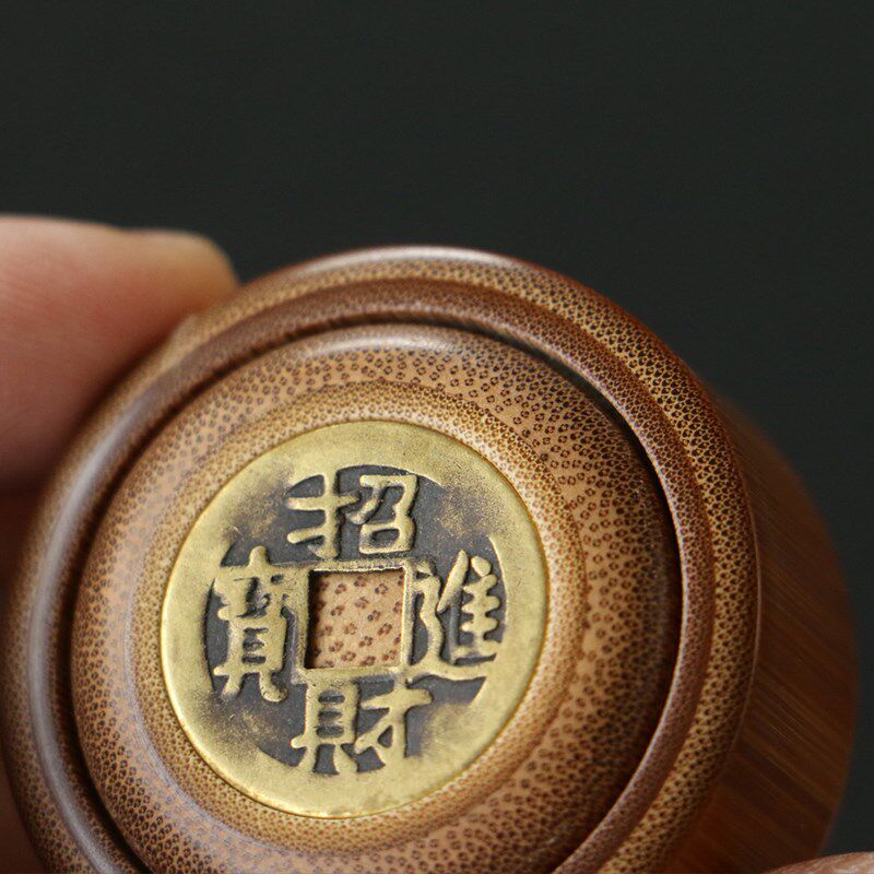 精品纯手工制作天然老玉竹古铜钱币转钱手把件竹雕赚钱竹把玩