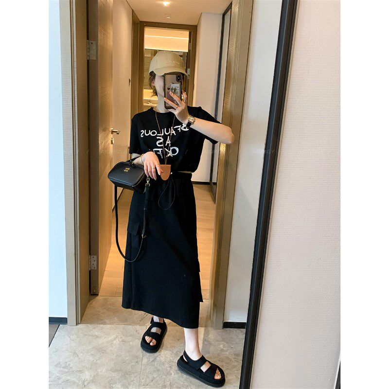 爱情魔鬼鱼 黑色两件套装女2024夏季新款短袖T恤上衣工装裙半身裙