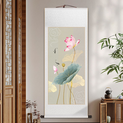 荷花卷轴挂画禅意荷韵年年有鱼壁画中式客厅装饰画茶室书房玄关画
