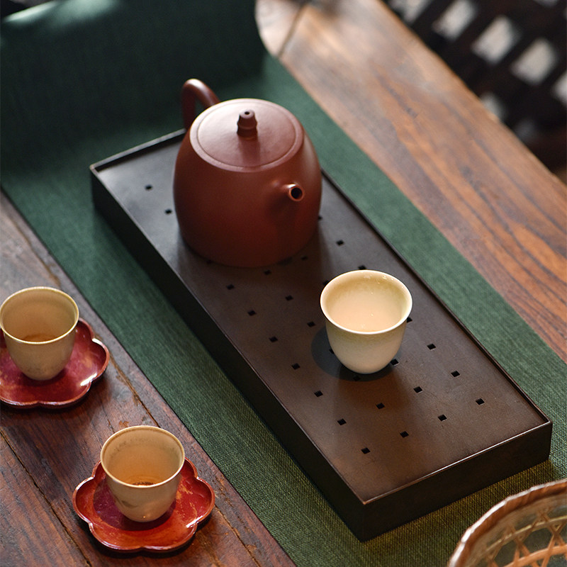 日式手工复古铜壶承长方形茶盘蓄水式干泡台茶台壶托壶垫功夫茶具