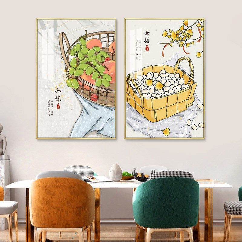 新中式餐厅装饰画二联客厅沙发背景墙挂画饭厅包厢厨房寓意好壁画