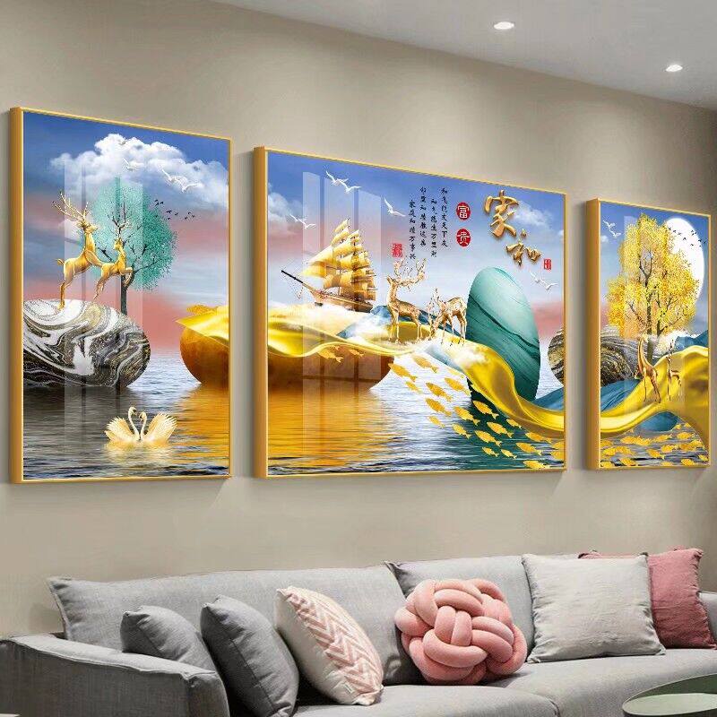 客厅装饰画三联沙发背景墙壁画新中式轻奢挂画简约北欧麋鹿风景画