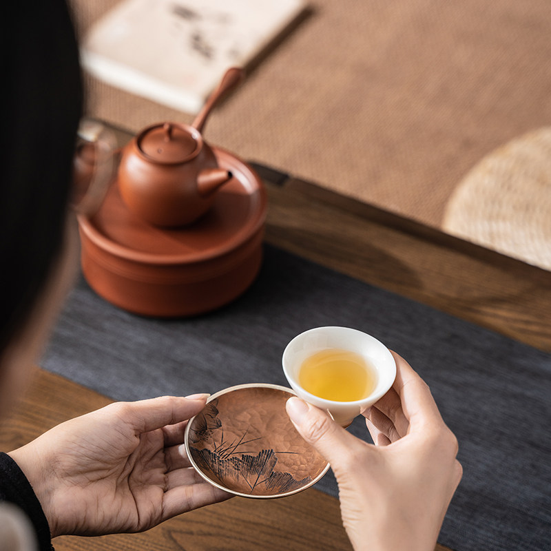 黄铜錾刻茶杯垫高档家用杯垫纯铜茶托杯托功夫茶具配件茶杯托底座