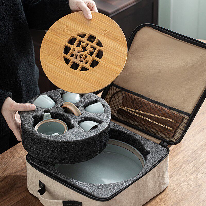 汝窑功夫茶具套装汝瓷整套旅行茶具茶壶茶杯办公家用陶瓷蓄水茶盘