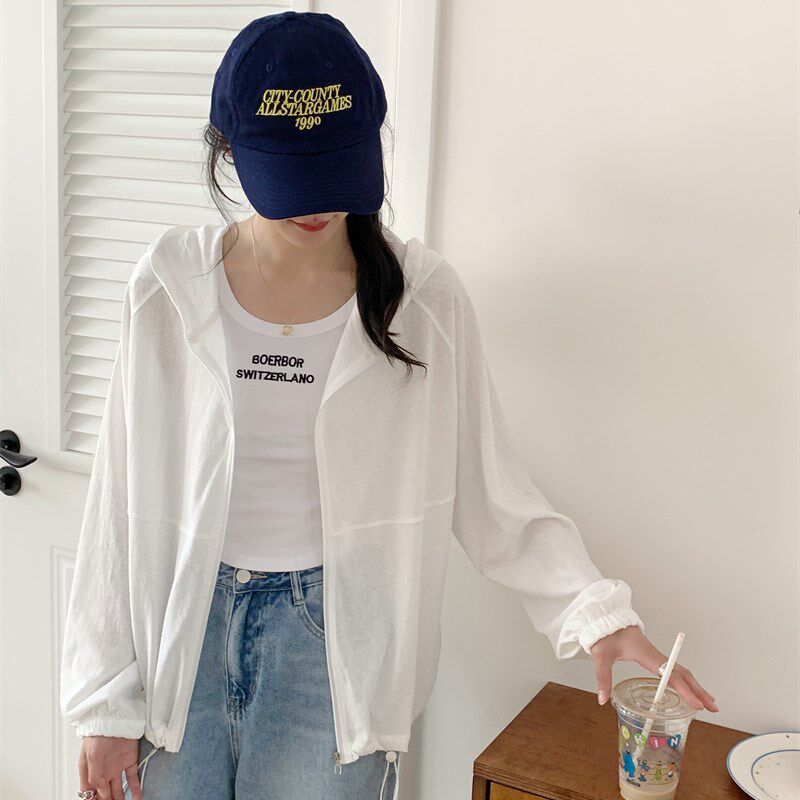 夏季超薄防晒衣外搭透气纯棉短外套女开衫连帽插肩下摆抽绳空调衫