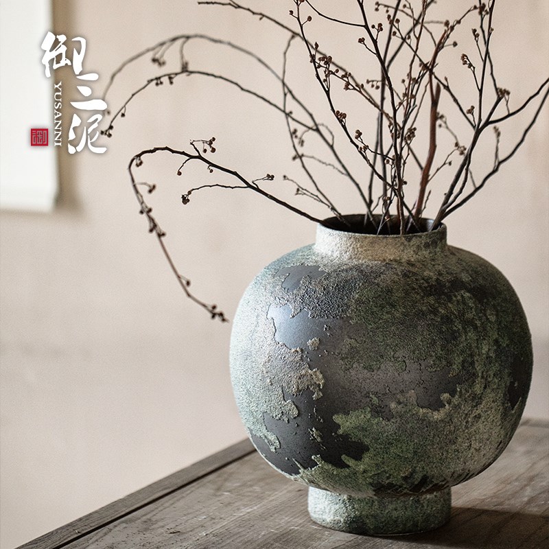 插花复古手工民宿酒店侘寂禅意摆件陶瓷花瓶手提把手粗陶瓶灯笼瓶