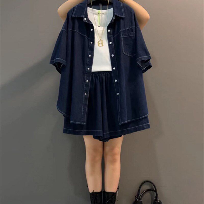 胖妹妹2023夏季新款大码女装时尚显瘦短袖牛仔上衣 短裤两件套装