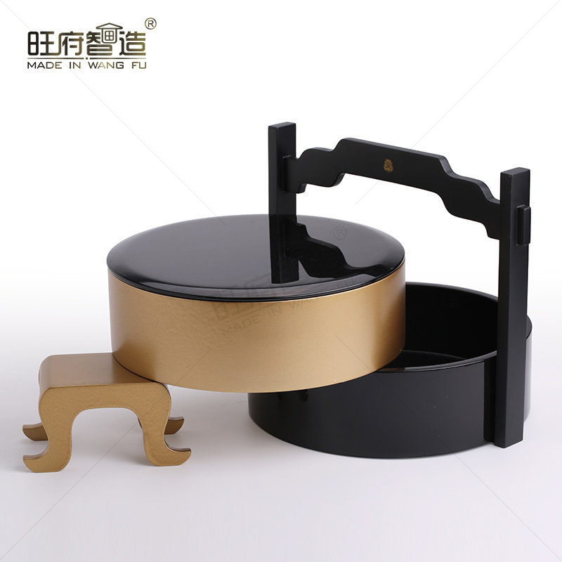 新中式样板房酒店轻奢创意装饰摆件多层实木漆器圆提篮食盒糖果盒