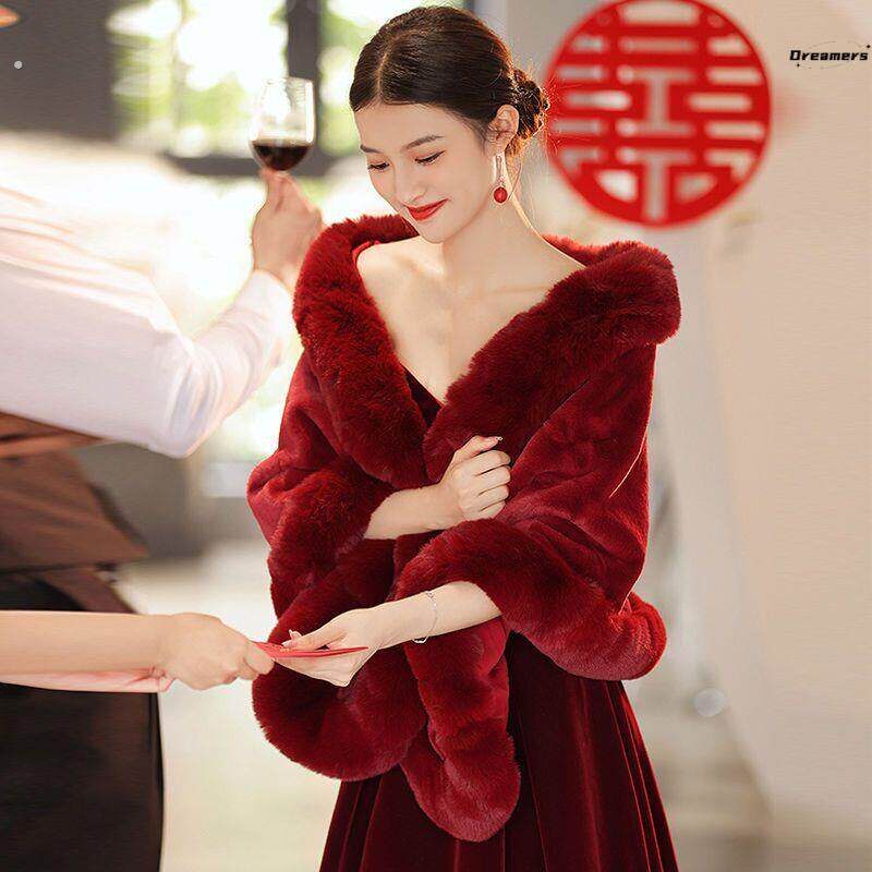 。冬季结婚斗篷敬酒服披肩外搭新娘秋冬婚纱配饰披风晚礼服高级感