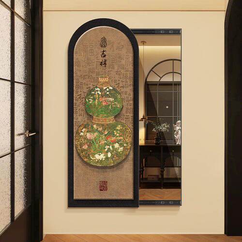 复古风葫芦暗藏式可推拉全身镜装饰画百福图玄关隐形穿衣镜子壁画