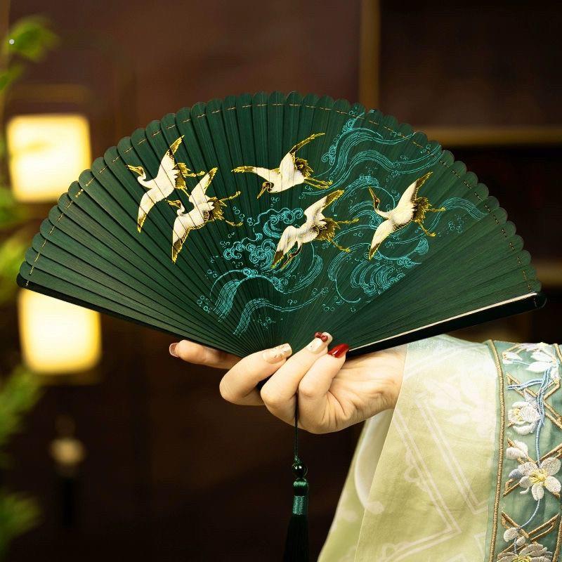 古风折扇中国风仙鹤流苏折扇子古装汉服旗袍汉服跳舞扇子意开合