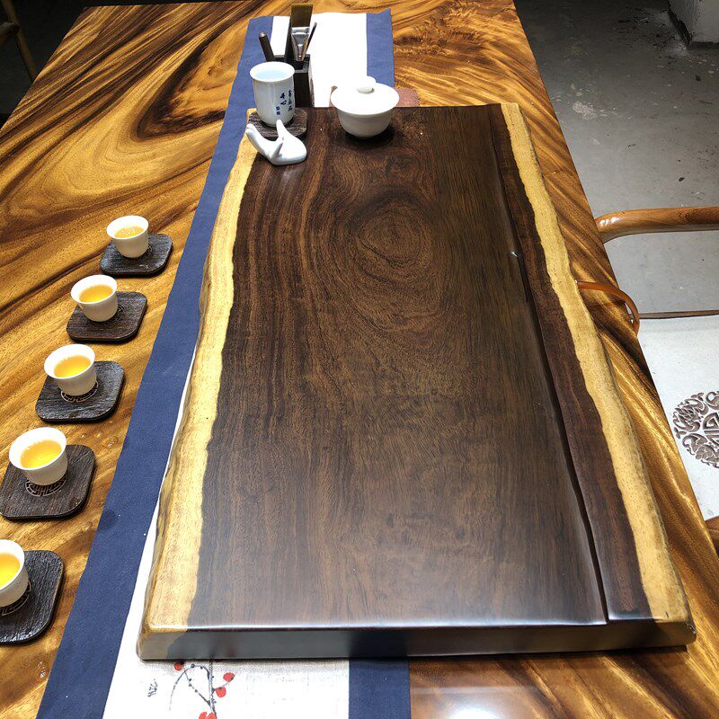 黑檀木茶盘整块实木简约家用大号原木茶台平板天然边茶盘功夫茶具