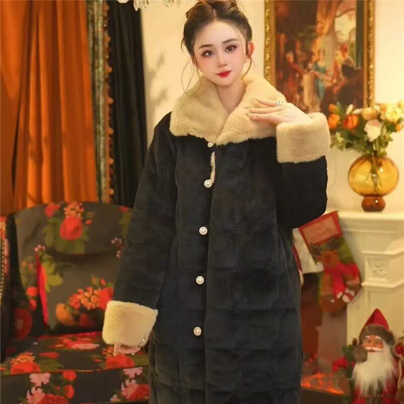 珊瑚绒睡衣女冬季加绒加厚夹棉浴袍保暖棉睡袍套装女士长棉袄大码