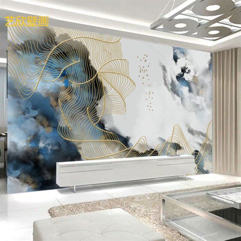 中式意境山水墙纸抽象线条玄关墙布壁画现代轻奢客厅过道背景墙纸