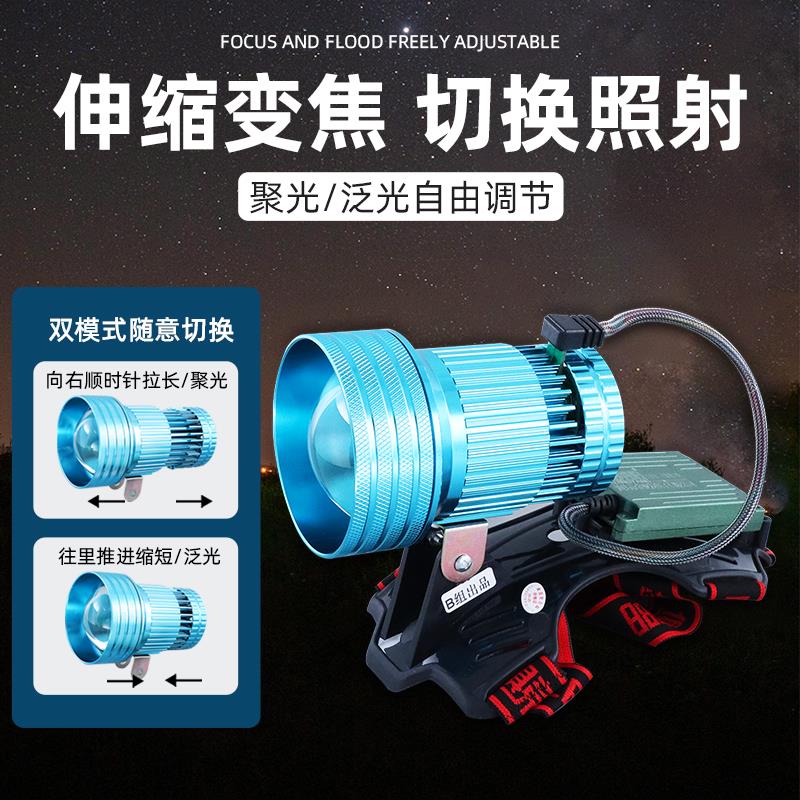 12V-48V伸缩变焦强光LED头灯黄白蓝3光源强光激光炮头戴式灯头