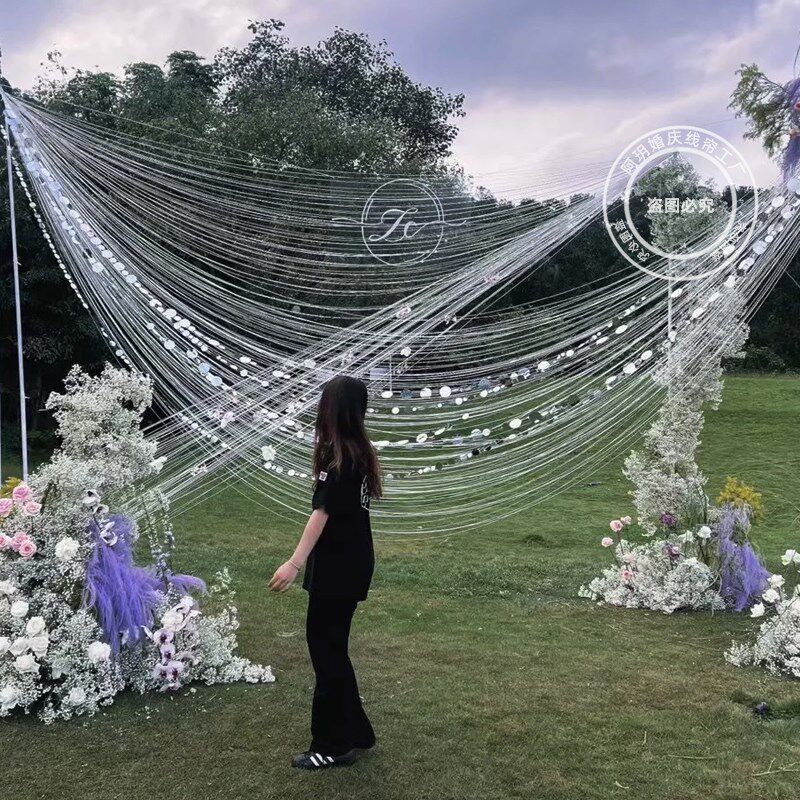 户外定制双头线帘婚礼订婚宴布置现场设计迎宾区垂直婚庆流苏线帘