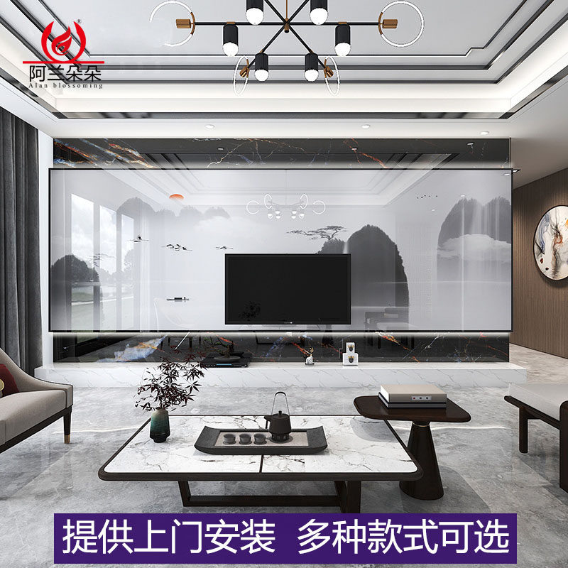 网红悬空电视背景墙瓷砖现代简约装饰柜岩板大理石客厅轻奢影视墙