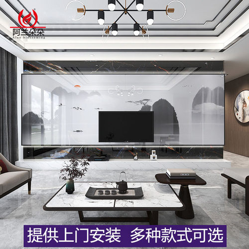 网红悬空电视背景墙瓷砖现代简约装饰柜岩板大理石客厅轻奢影视墙