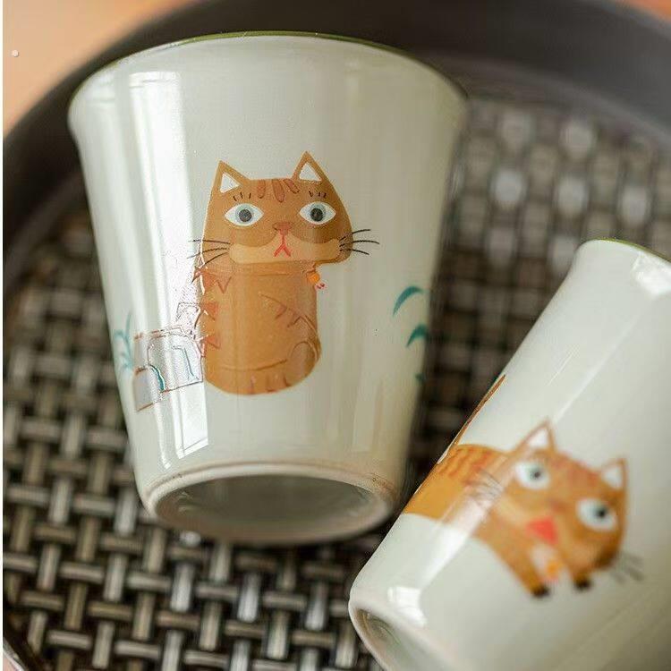 送男女朋友礼物新中式手绘猫咪小茶杯家用陶瓷手工杯办公草木灰品