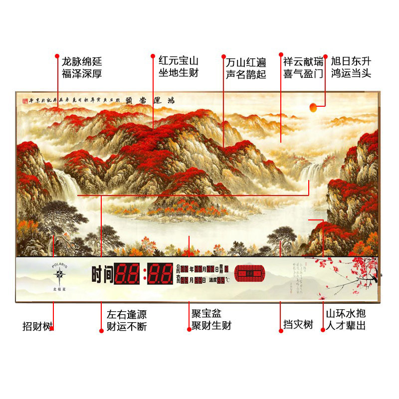 鸿运当头办公室客厅挂画数码万年历电子钟2026年新款家用日历钟表