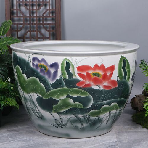 景德镇手绘陶瓷鱼缸客厅养鱼缸睡莲荷花碗莲缸乌龟大水缸庭院摆件