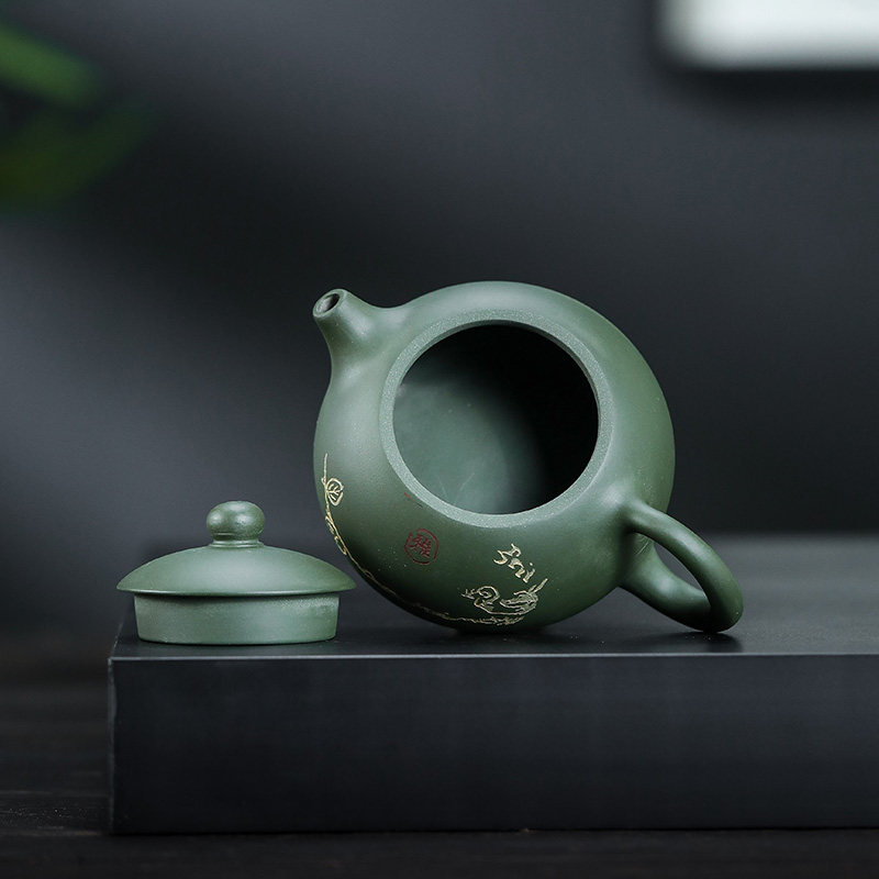 宜兴紫砂茶壶手工原矿绿泥 西施描金小鸟竹趣200毫升家用泡茶