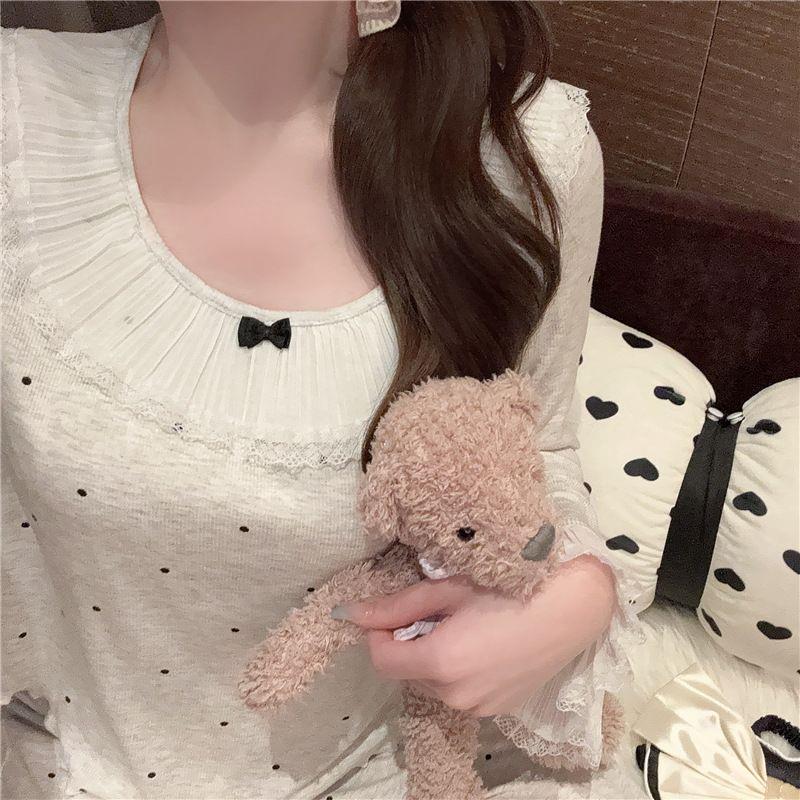 莫代尔睡衣女士带胸垫春秋季2025新款波点蕾丝长袖秋冬天甜美套装