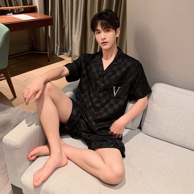 冰丝睡衣男夏季短袖短裤绸缎时尚简约丝绸家居服两件套装
