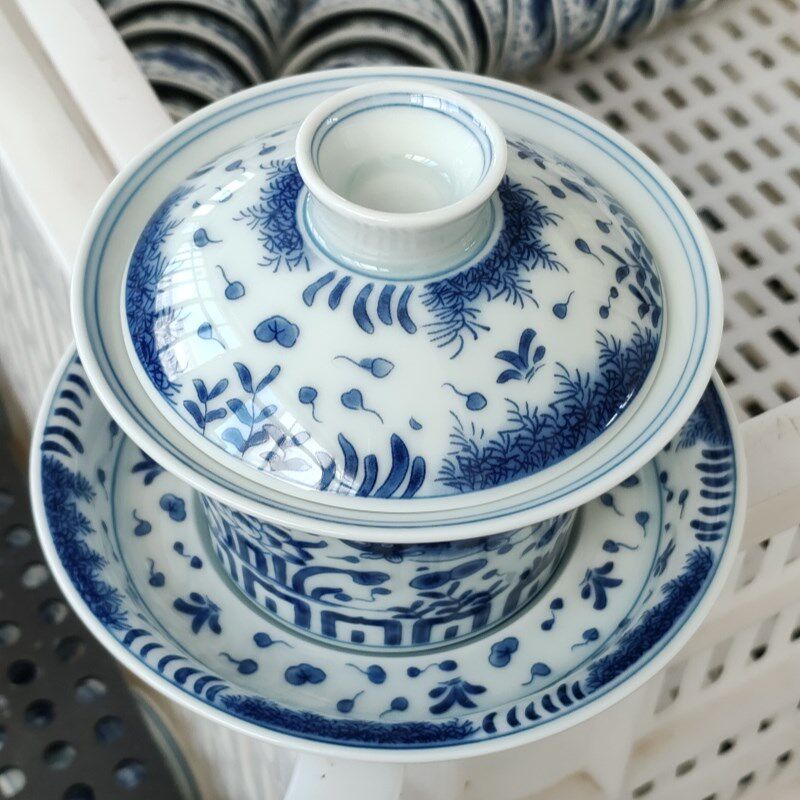 盖碗茶杯大号青花青瓷陶瓷功夫茶具复古鱼藻纹三才敬茶碗泡茶碗