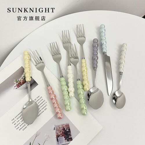 SUNKNIGHT.spring.空泉轻奢珍珠勺子不锈钢陶瓷手柄勺子叉子餐具