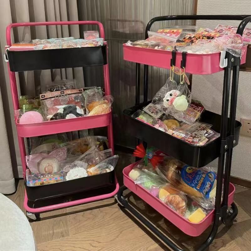 黑红色DIY小推车置物架三层落地带轮可移动婴儿用品厨房收纳架子