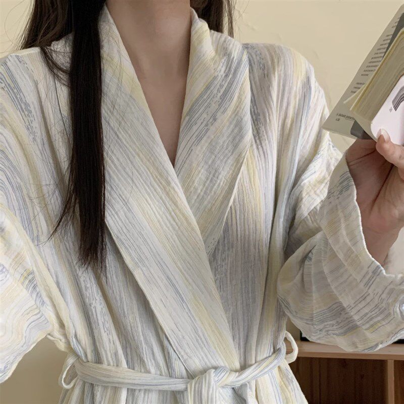 ins休闲条纹棉纱睡衣女春秋季2025新款浴袍双层纱睡袍家居服春款