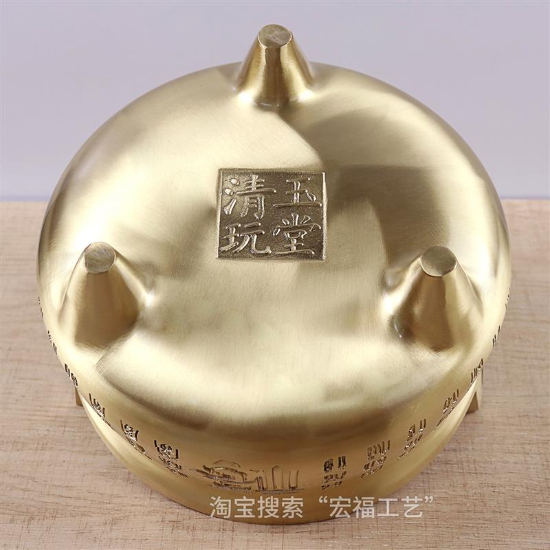 纯黄铜加高百福三足香炉纯全铜佛堂佛前供佛拜财神家用熏香炉摆件