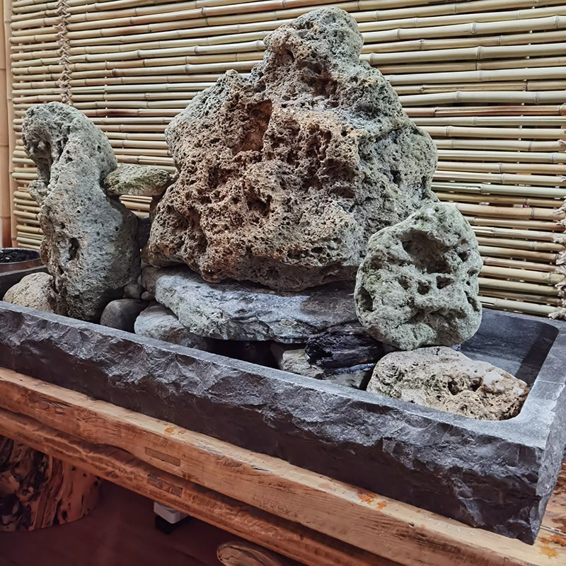 玄武盆天然假山盆景盆大型上水石吸水石底座长方形托盘花盆假山盆